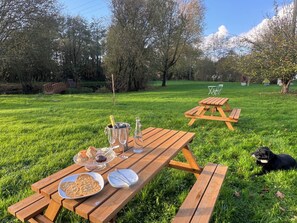 Een picknickopstelling met een houten tafel, borden met eten, een fles champagne en een hond die erbij ligt.