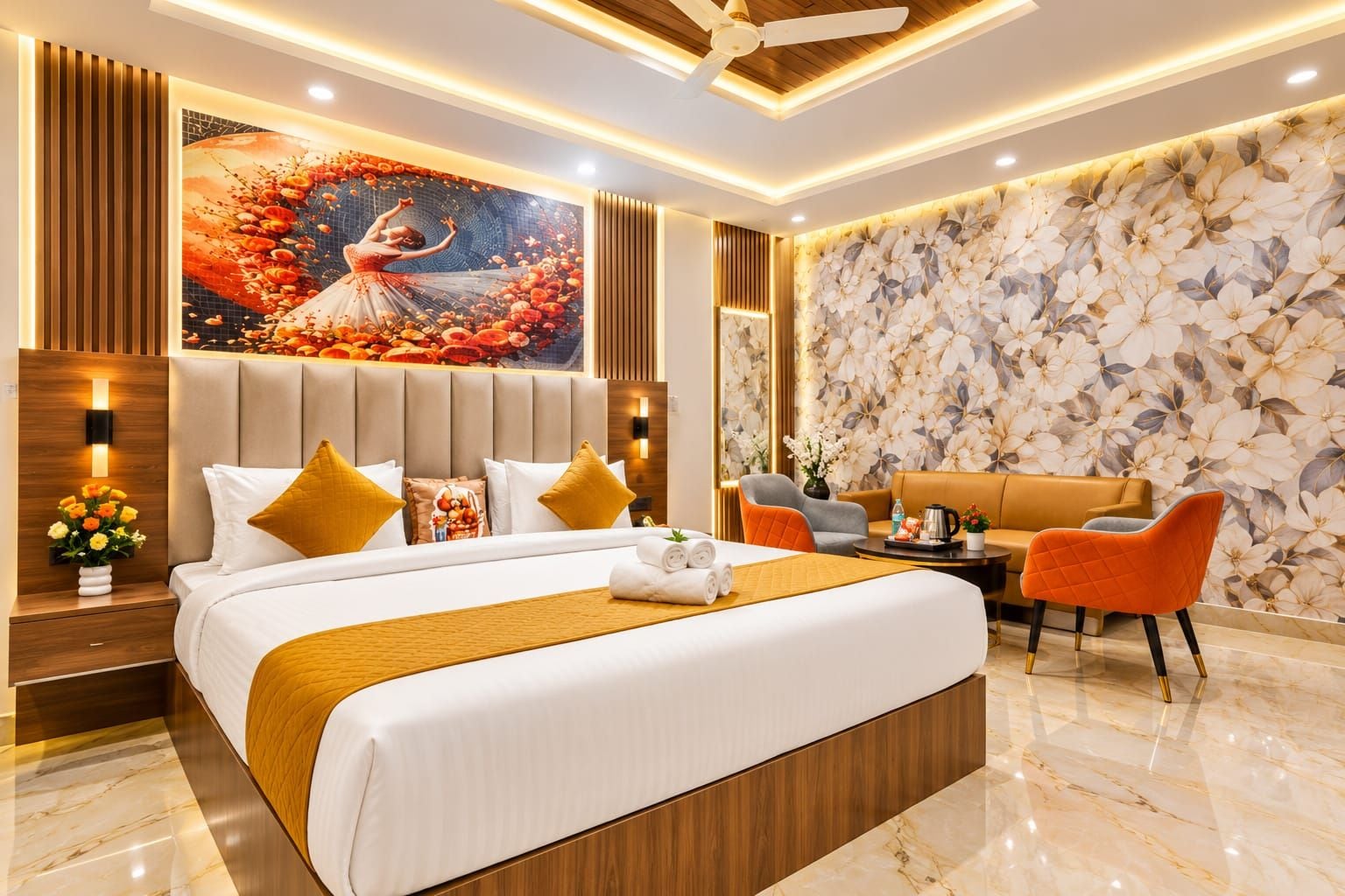 Una habitación de hotel moderna con una cama grande, un área de descanso con un sofá y sillas, un muro decorativo con estampado floral y un ventilador de techo.