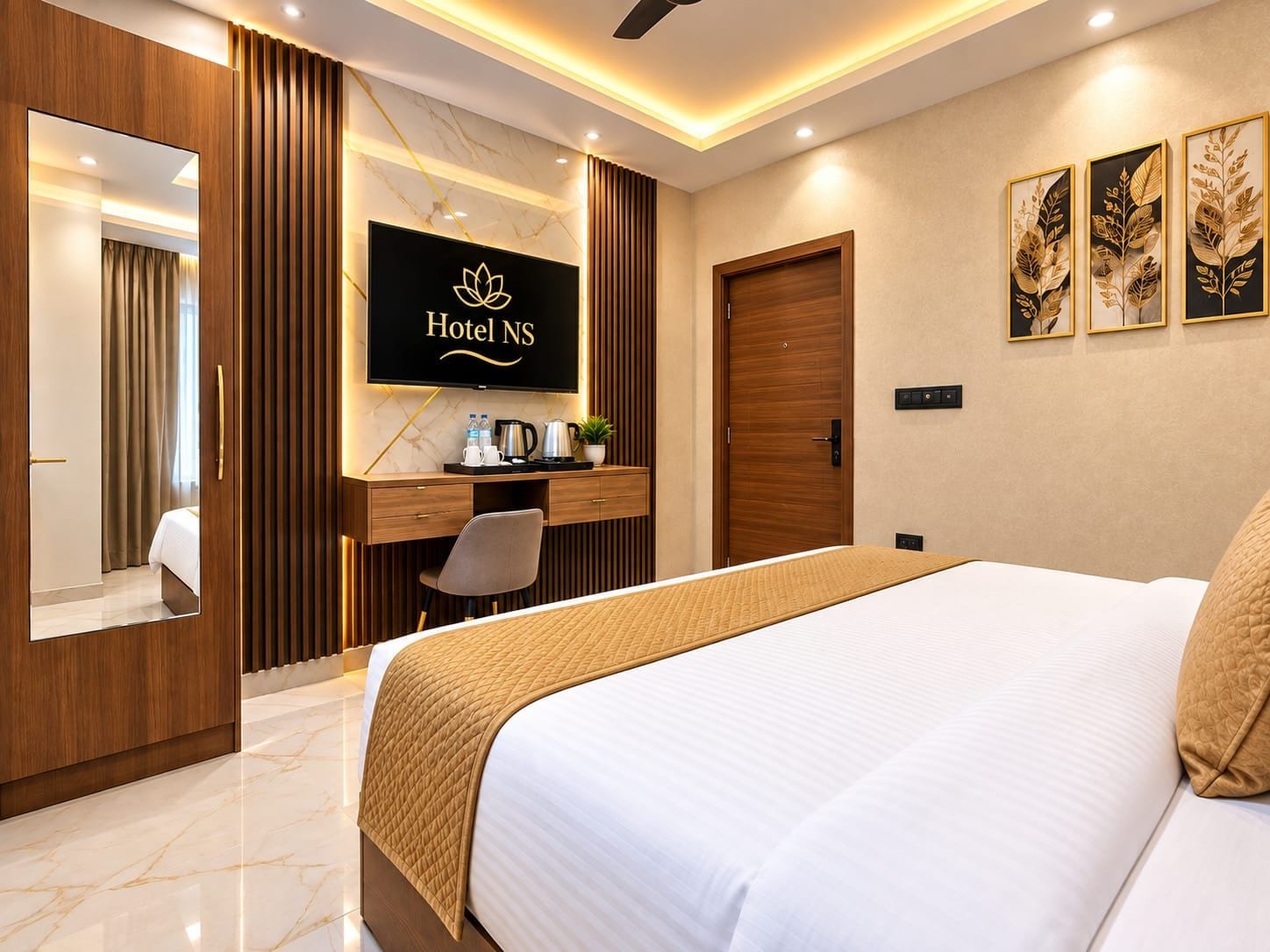Ein Hotelzimmer mit einem Bett, einem Schreibtisch, einem Spiegel und einem Fernseher, der das Logo des Hotels zeigt.