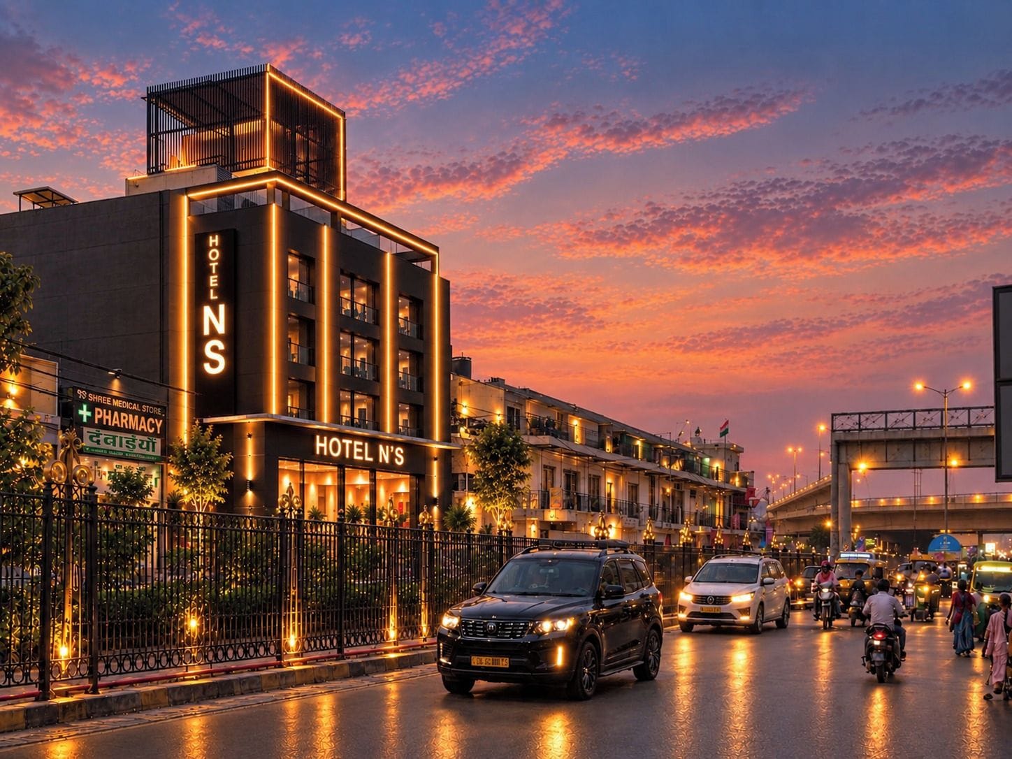 A hotel with a prominent sign, a pharmacy, and a busy street with vehicles and pedestrians.