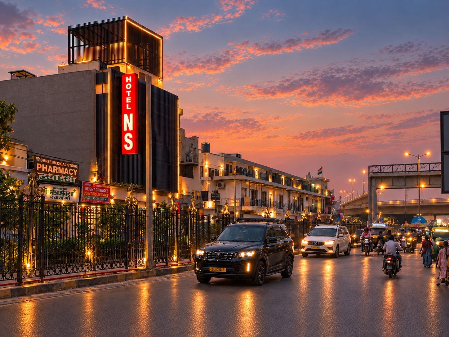 A hotel with a prominent sign, a medical store, and a pharmacy across the street.