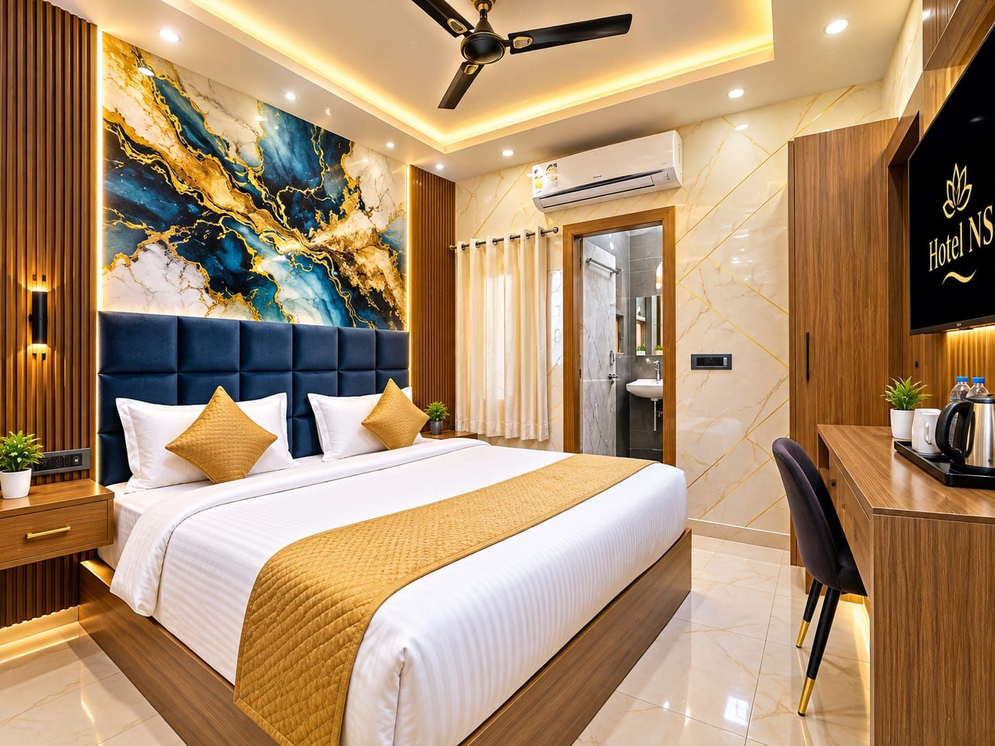A modern hotel room with a large bed, a desk, and a ceiling fan.