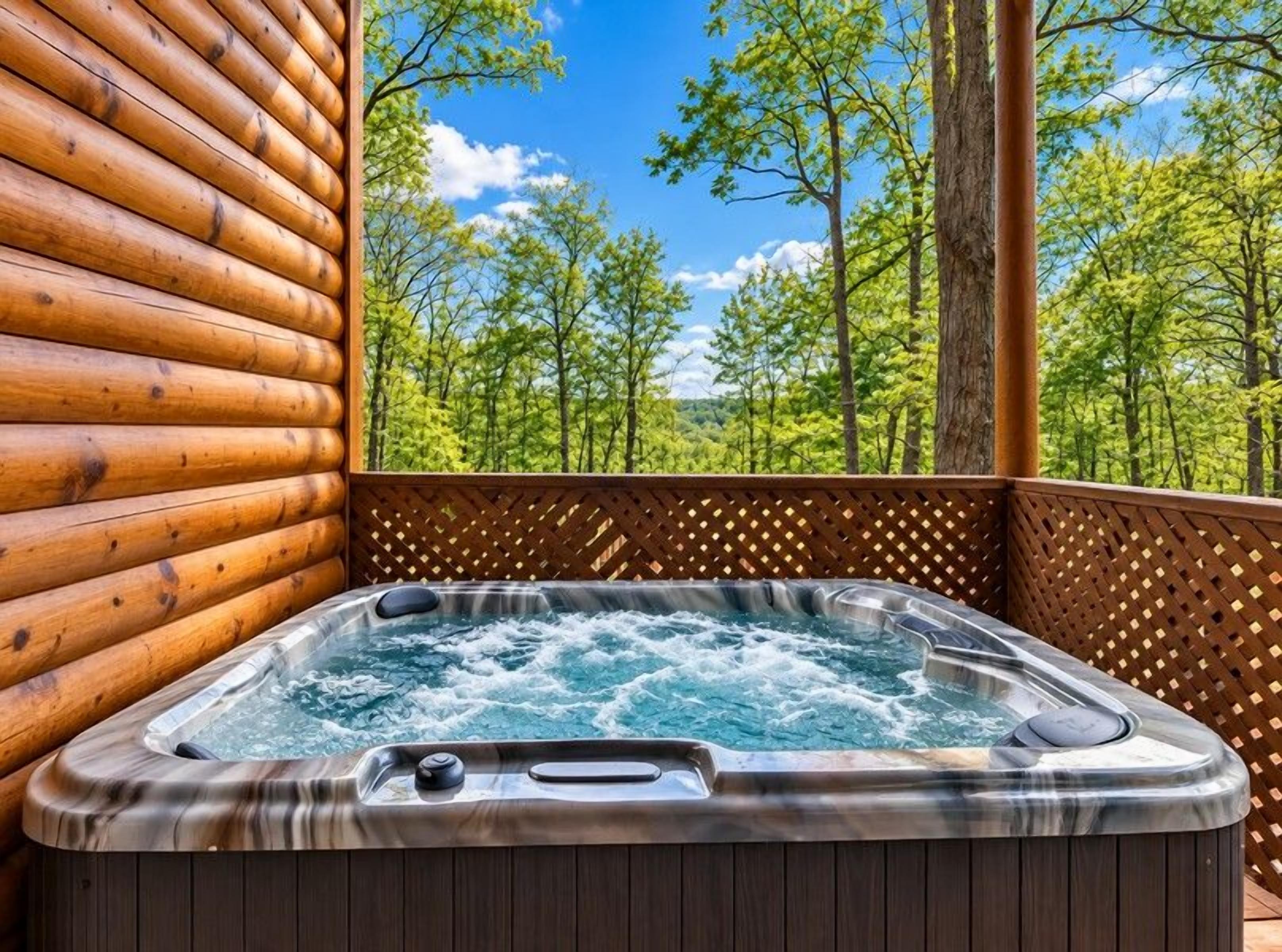 A hot tub on a wooden deck with a view of a forest.