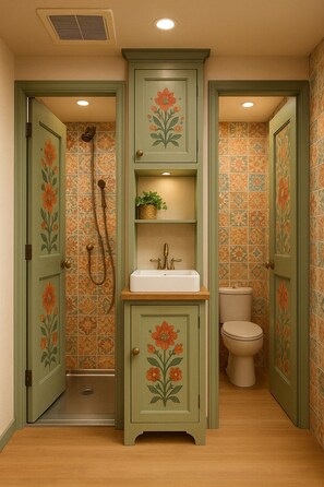 Chuveiro, secador de cabelo, toalhas de banho, sabonete