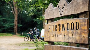 A wooden sign with "HURTWOOD SURREY HILLS" and "Hostel-Camping-Cafe" written on it. - Hurtwood Hideout (Dorking)