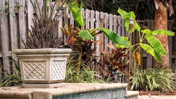 A swimming pool with a wooden fence, a planter, and various tropical plants.
