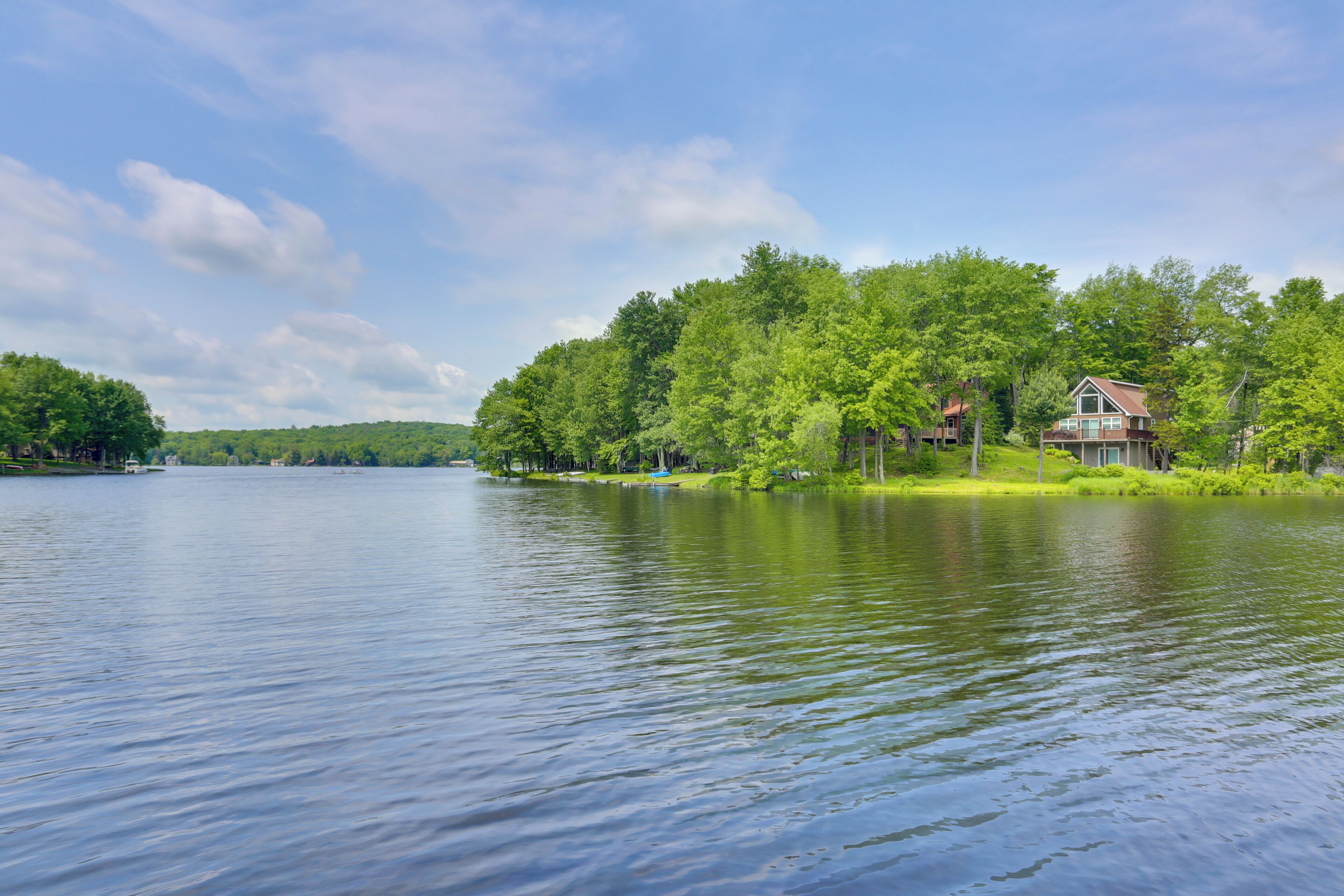 A lakeside property with a large house surrounded by dense trees.