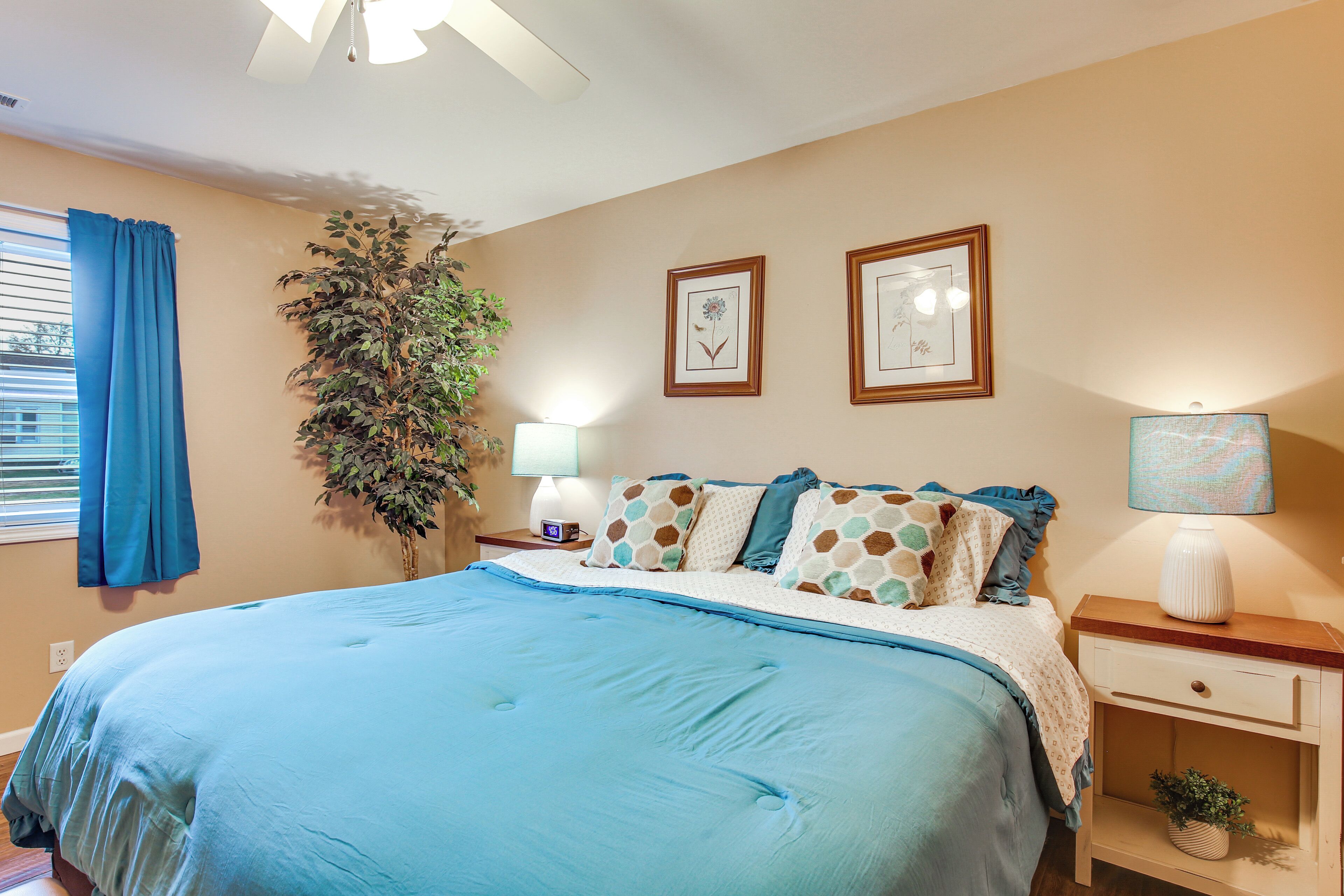 A bedroom with a bed, a nightstand, a lamp, a plant, and two framed pictures on the wall.