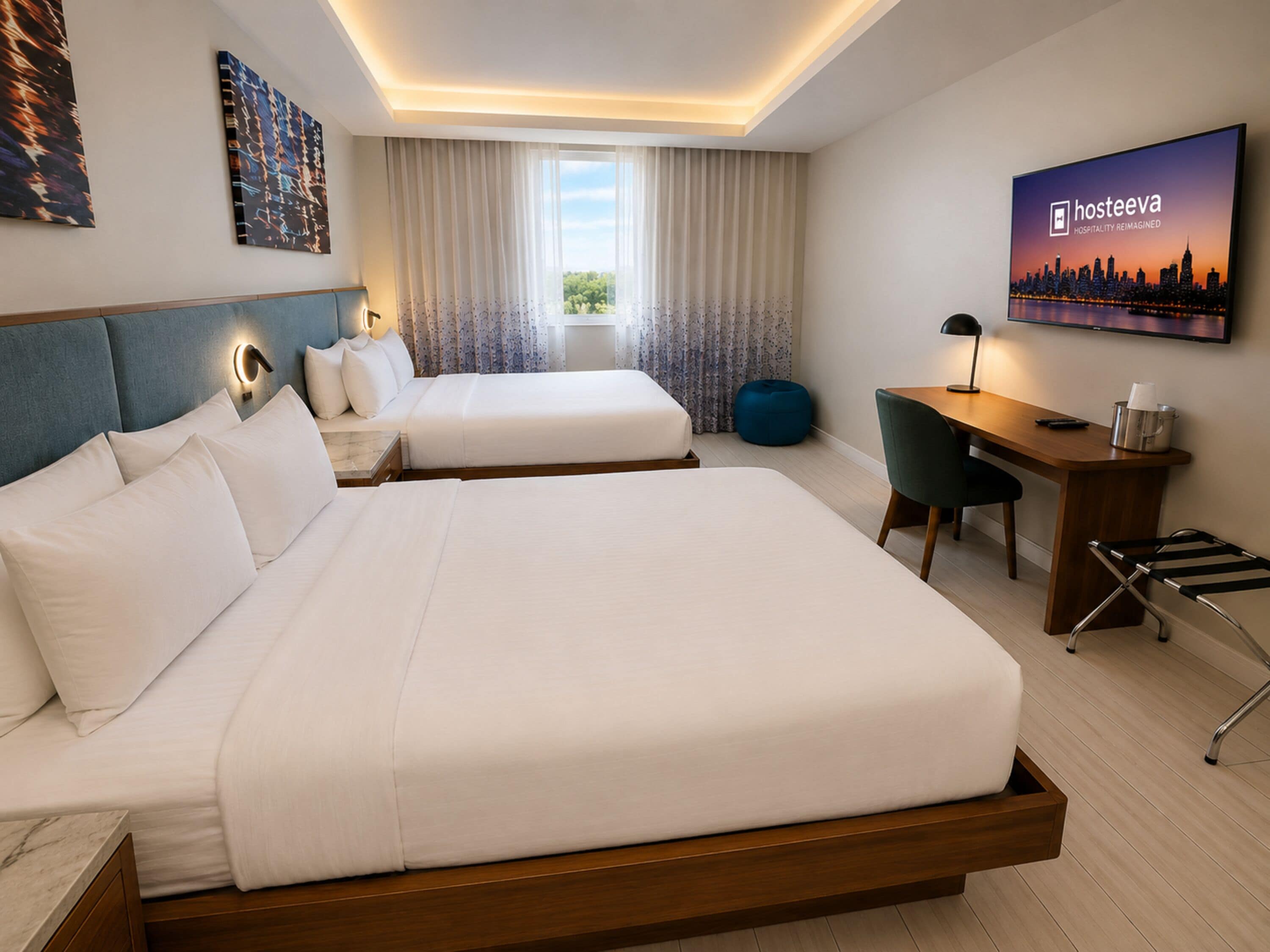 A hotel room with two beds, a desk, a chair, a TV, and a window with curtains.