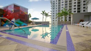 Outdoor pool, pool umbrellas, pool loungers