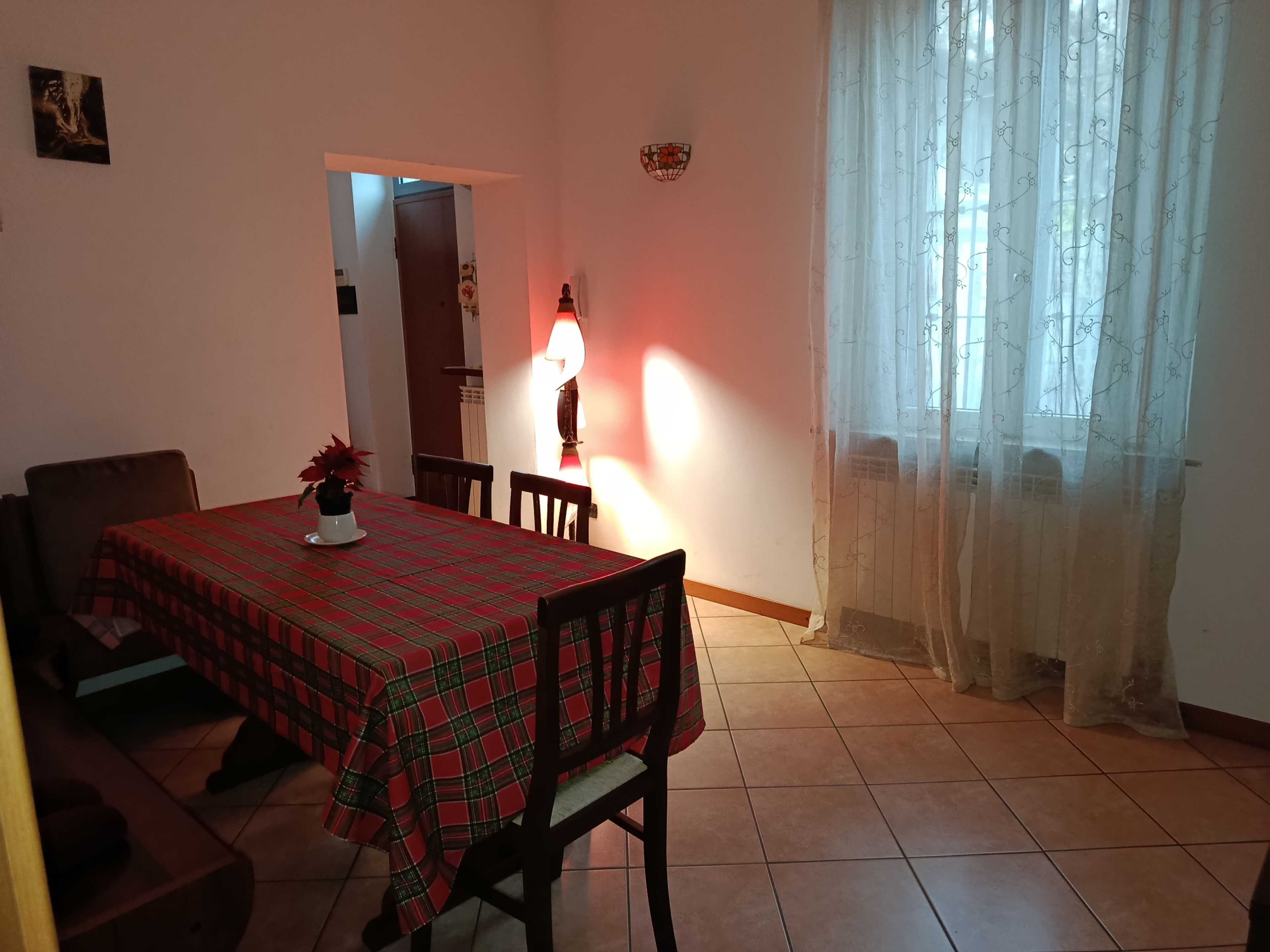 A dining area with a red and green checkered tablecloth, wooden chairs, a potted plant, and a lit wall lamp.