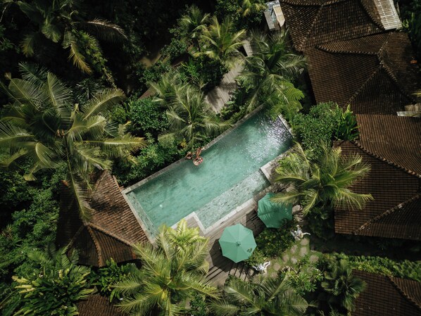 An aerial view of a rectangular pool surrounded by lush greenery and palm trees, with a small building and a gazebo nearby. - Aksmi Suites & Villas (Ubud)