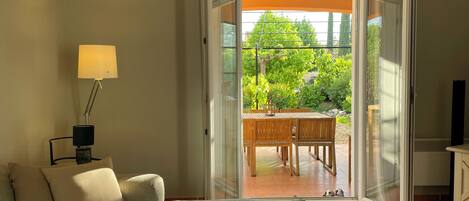 Smart TV, fireplace, DVD player, books