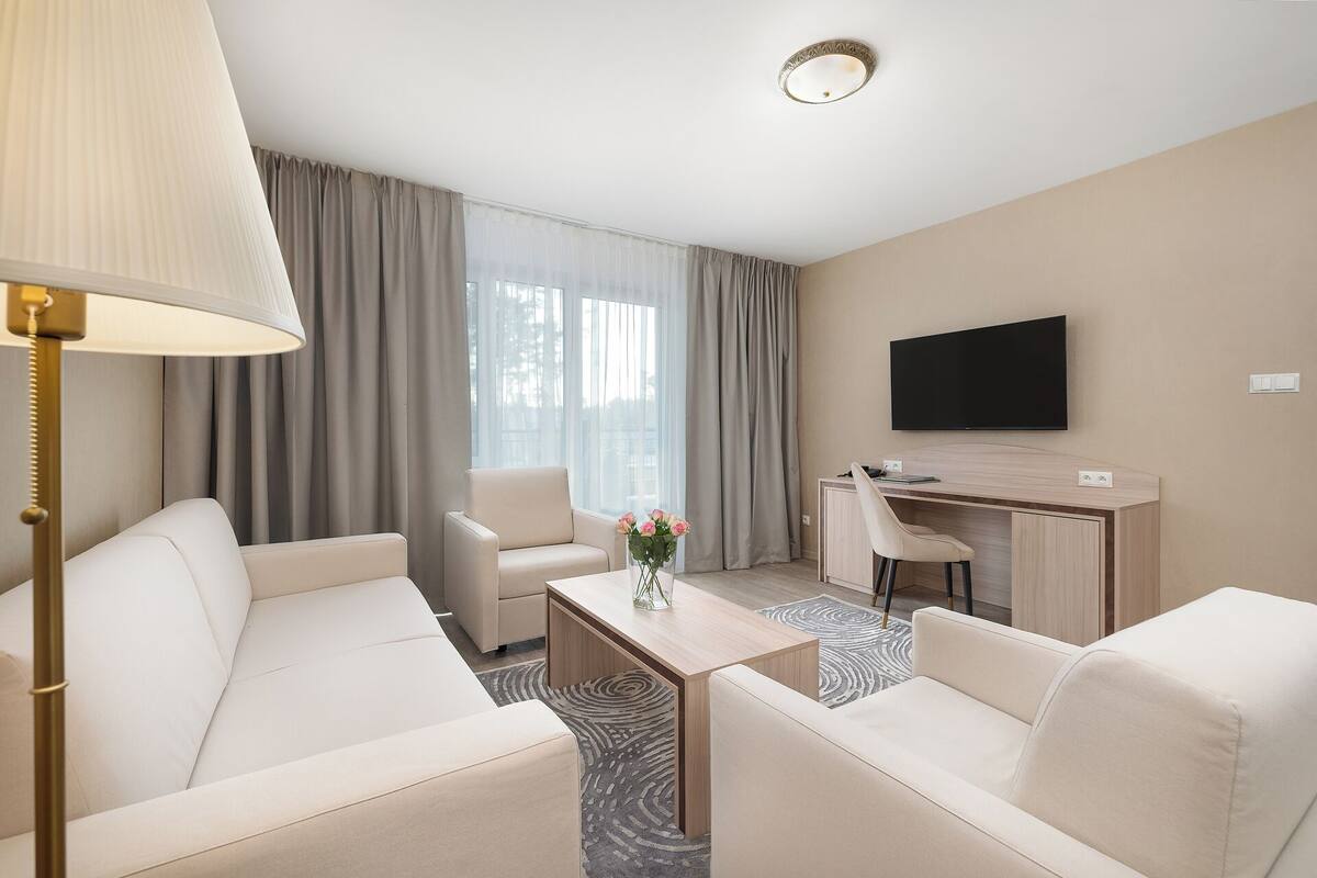Une chambre d’hôtel moderne  équipée d’un canapé, d’un bureau, d’une télévision à écran plat et d’une lampe.