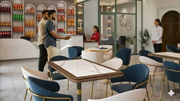 Interior moderno de restaurante com disposição de assentos, área de bar e balcão com bebidas.