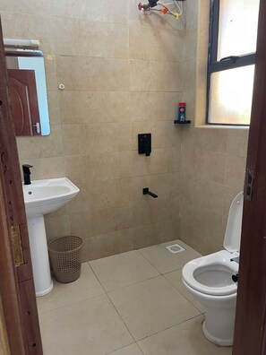 Douche, serviettes fournies, savon, papier toilette