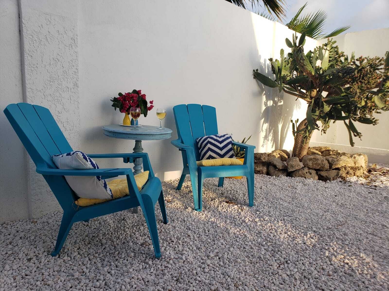 Two blue chairs with cushions, a small round table with a vase of flowers and two glasses, and a cactus plant against a white wall.