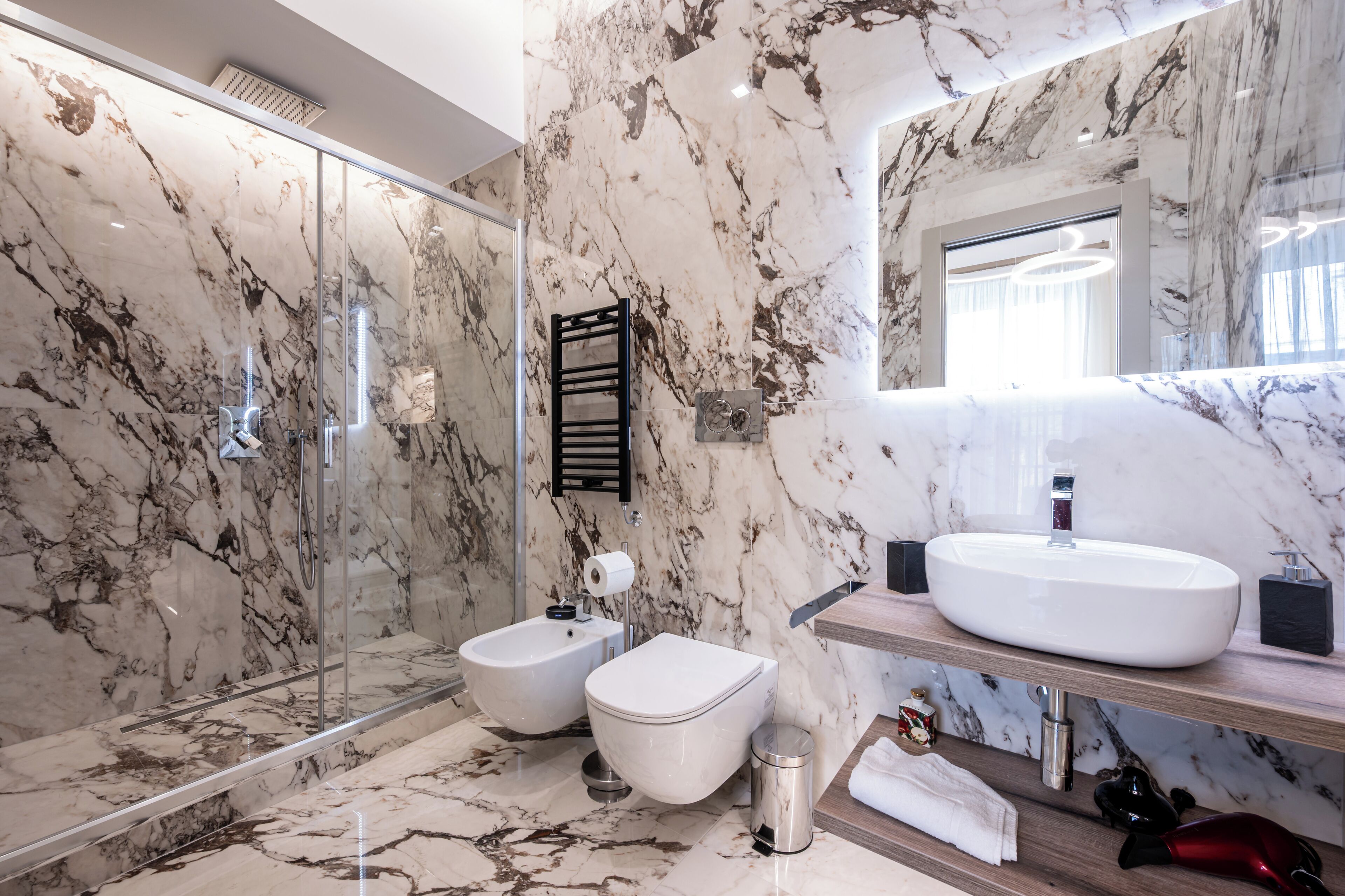 Shower, hair dryer, bidet, towels