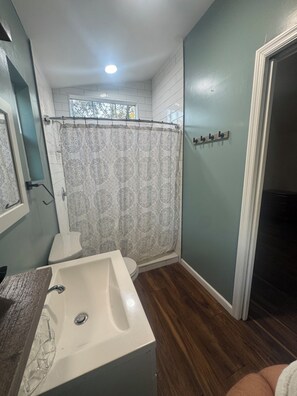 Hair dryer, towels, soap, toilet paper