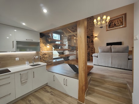 TV, fireplace. Near Santiago de Compostela, restored century-old rural house with terrace
