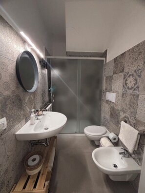 Hair dryer, towels, soap, toilet paper