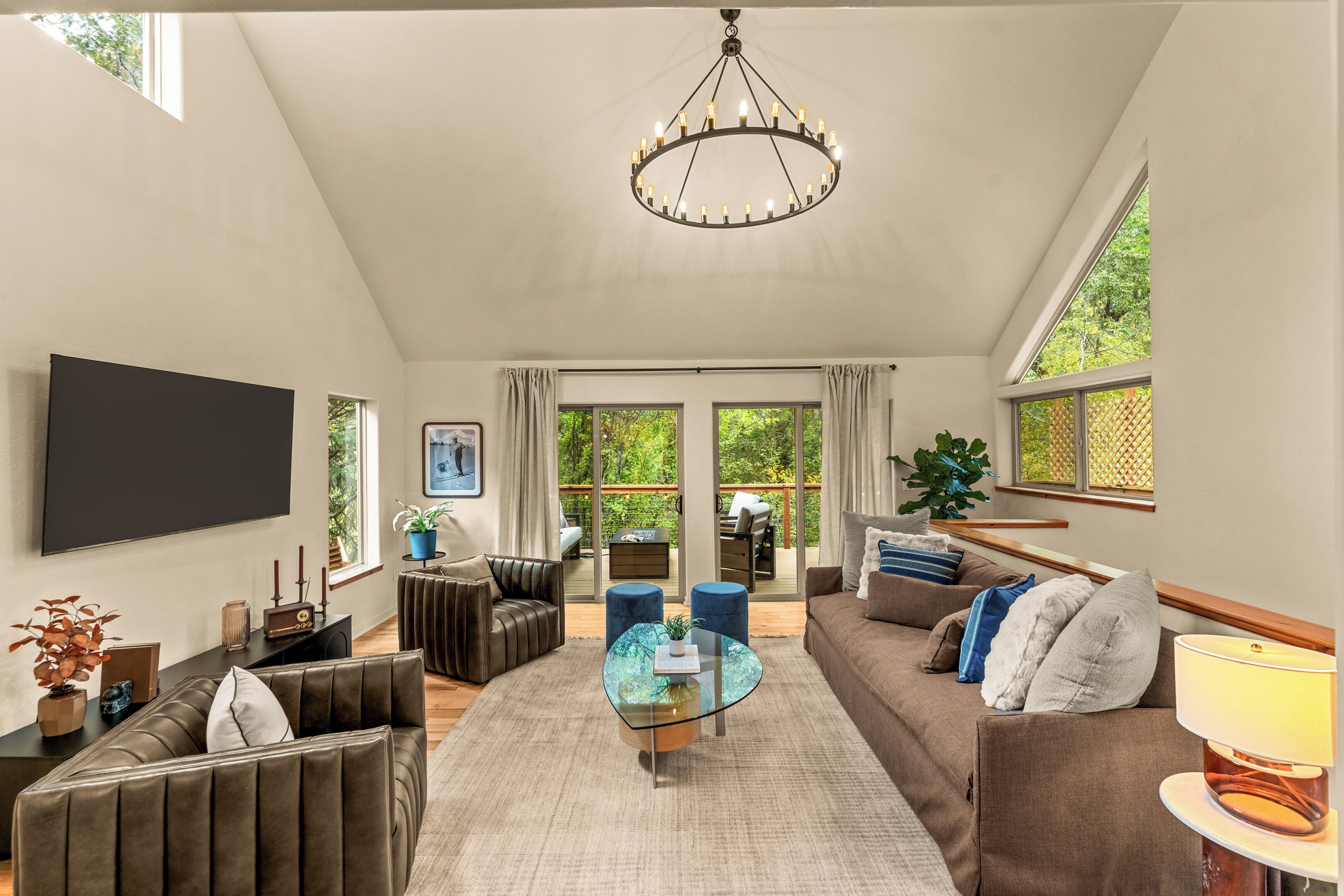 Smart TV, fireplace, books, music library