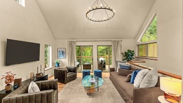 Smart TV, chimenea, libros, biblioteca de música