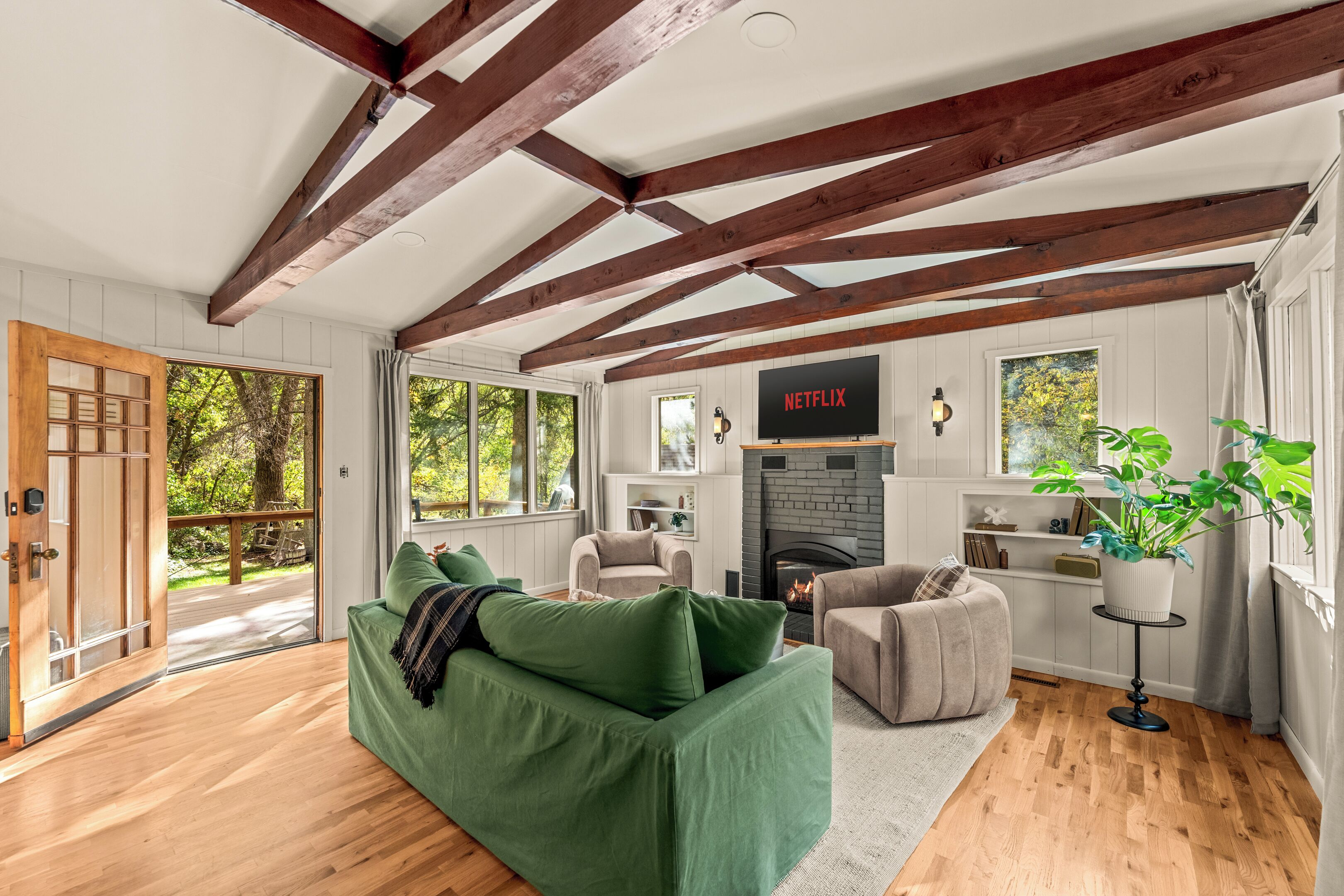 Smart TV, fireplace, books, music library