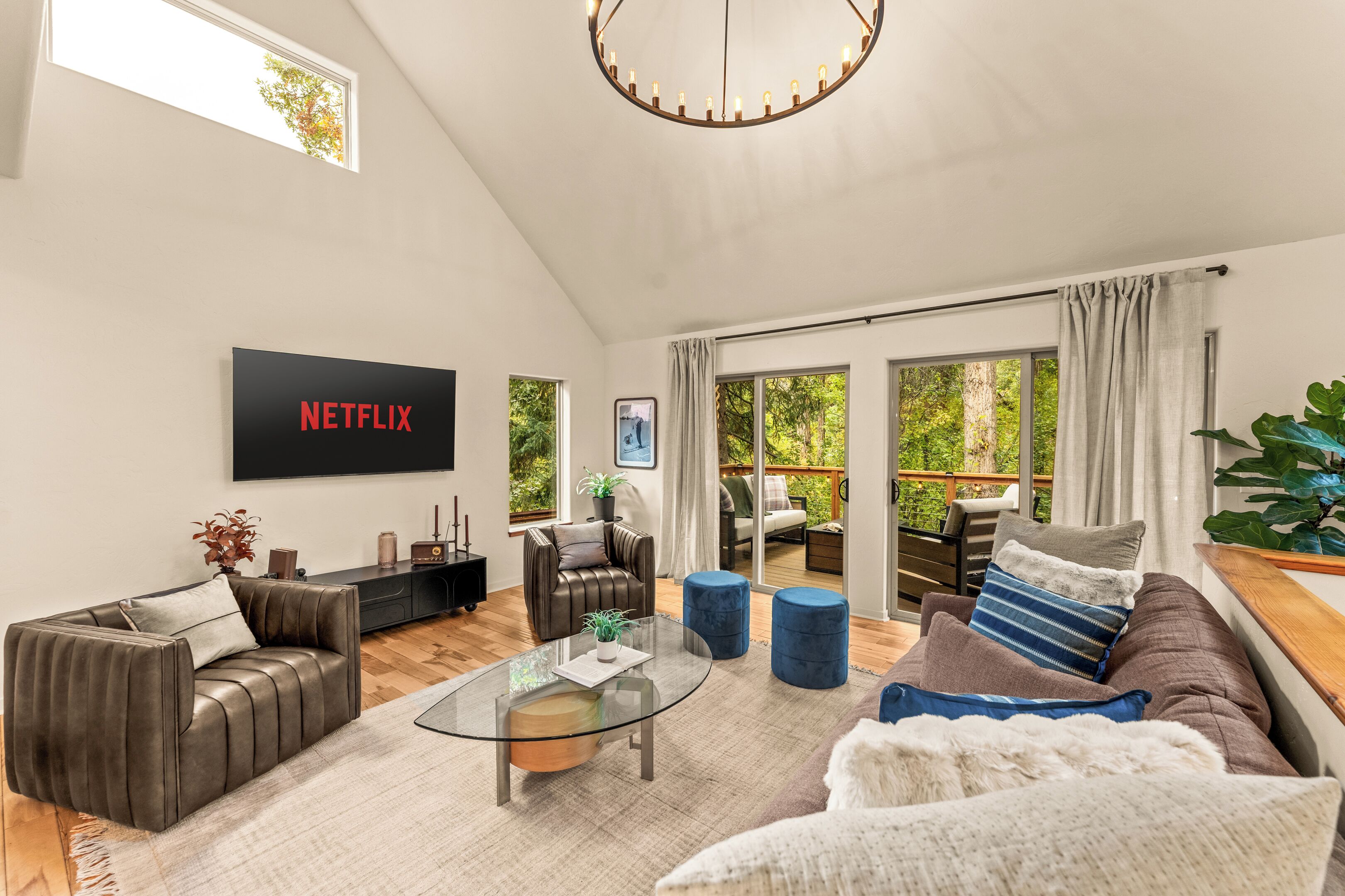 Smart TV, chimenea, libros, biblioteca de música