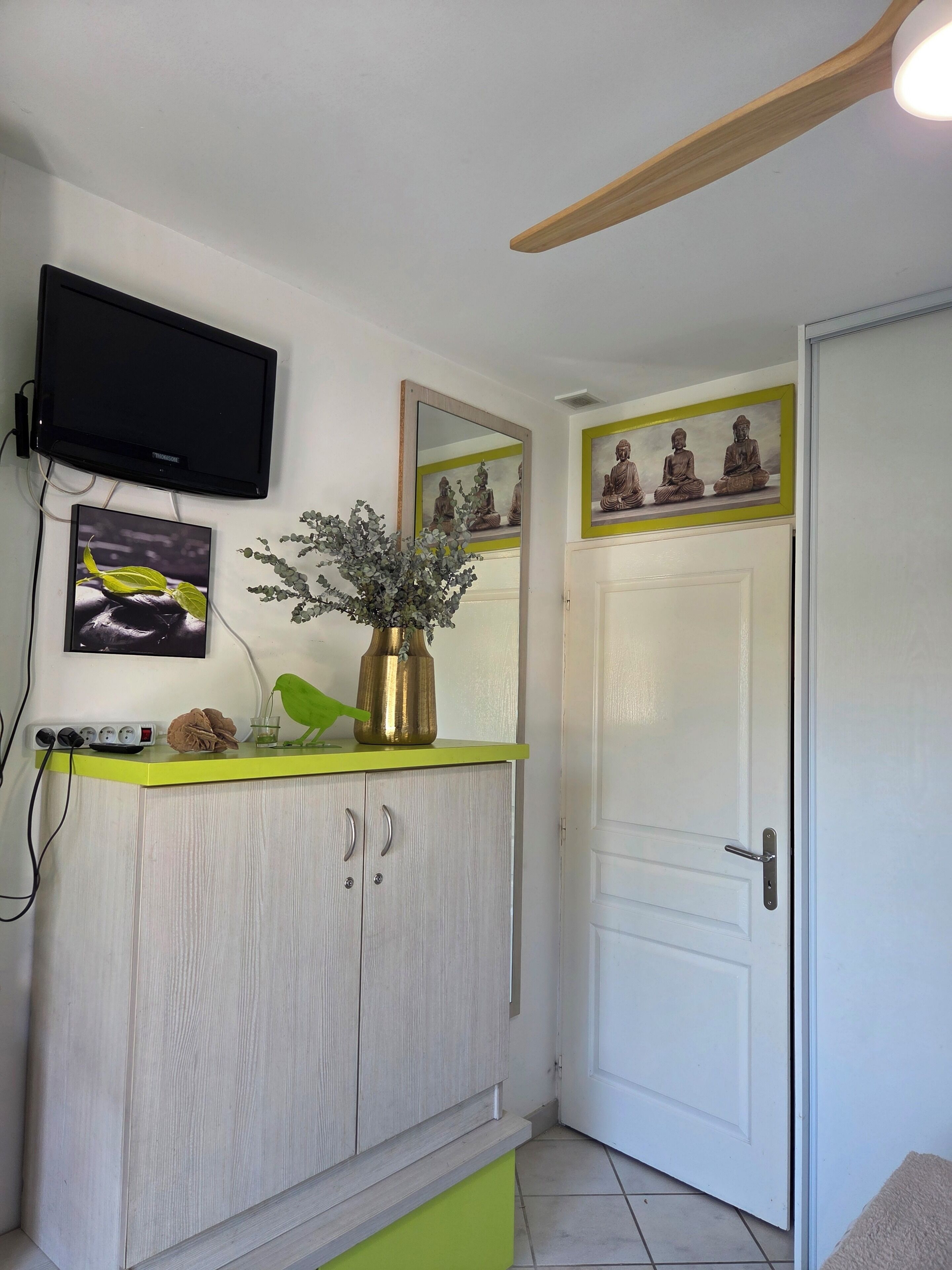 Une pièce avec une porte blanche, un comptoir vert orné d’un vase et d’une plante, un téléviseur fixé au mur et un tableau représentant des statues de Bouddha.