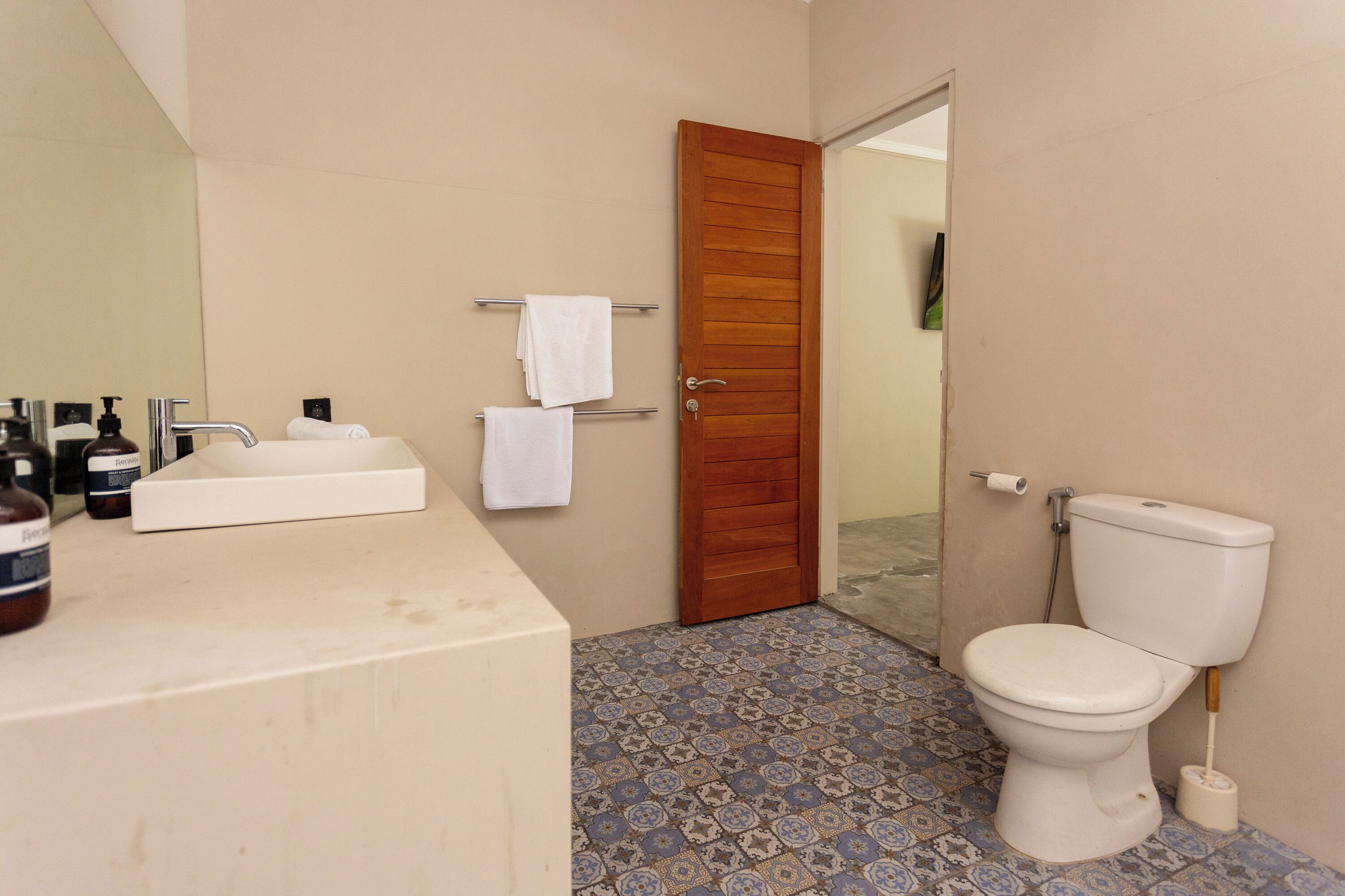 A bathroom with a sink, toilet, and a wooden door.