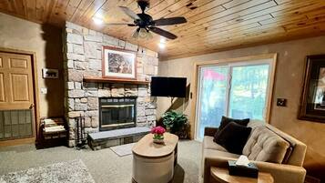 Smart TV, lareira, livros