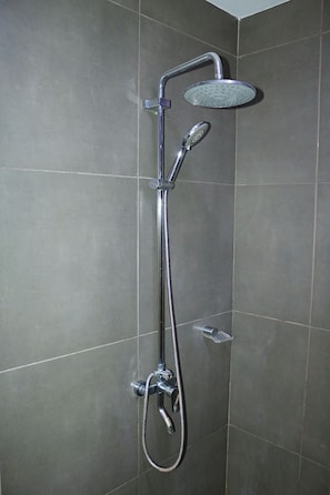 Shower, towels, soap, toilet paper