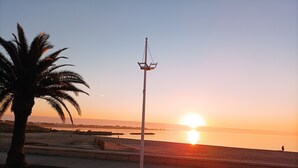 A sunset view from a beach with a palm tree and a street lamp.