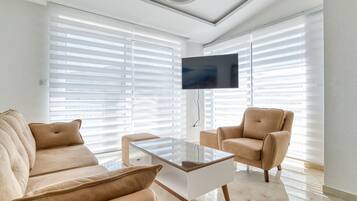 Attico, balcone, vista mare | Area soggiorno | TV LED 41 pollici con canali satellitari