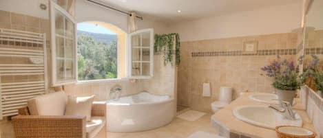 Shower, jetted tub, hair dryer, bidet
