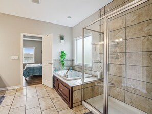 Shower, jetted bath, hair dryer, towels - 300 on Abigail. 
4BR/3BA. Large kitchen. Deck with TV. Playground. (Waukee)