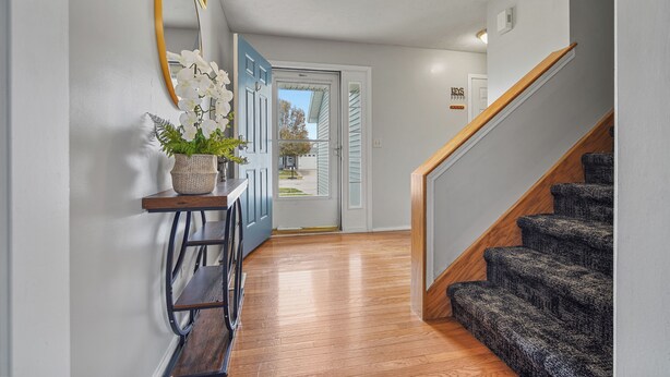 A hallway with a wooden floor, a staircase with dark carpeting, a wall-mounted mirror, and a potted plant. - Grey Moon Escape In Bloomington (Bloomington)