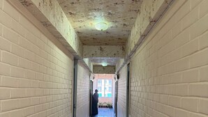 A long, narrow hallway with white brick walls and a floral ceiling. - Hotel Sacred Roots (Rishikesh)