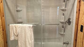 Hair dryer, towels, soap, toilet paper