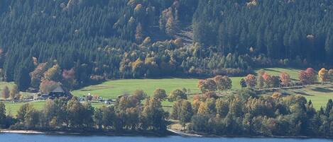 A mountainous landscape with a lake in the foreground and a forested hill in the background.