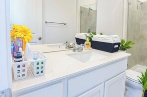 Hair dryer, bidet, towels, soap