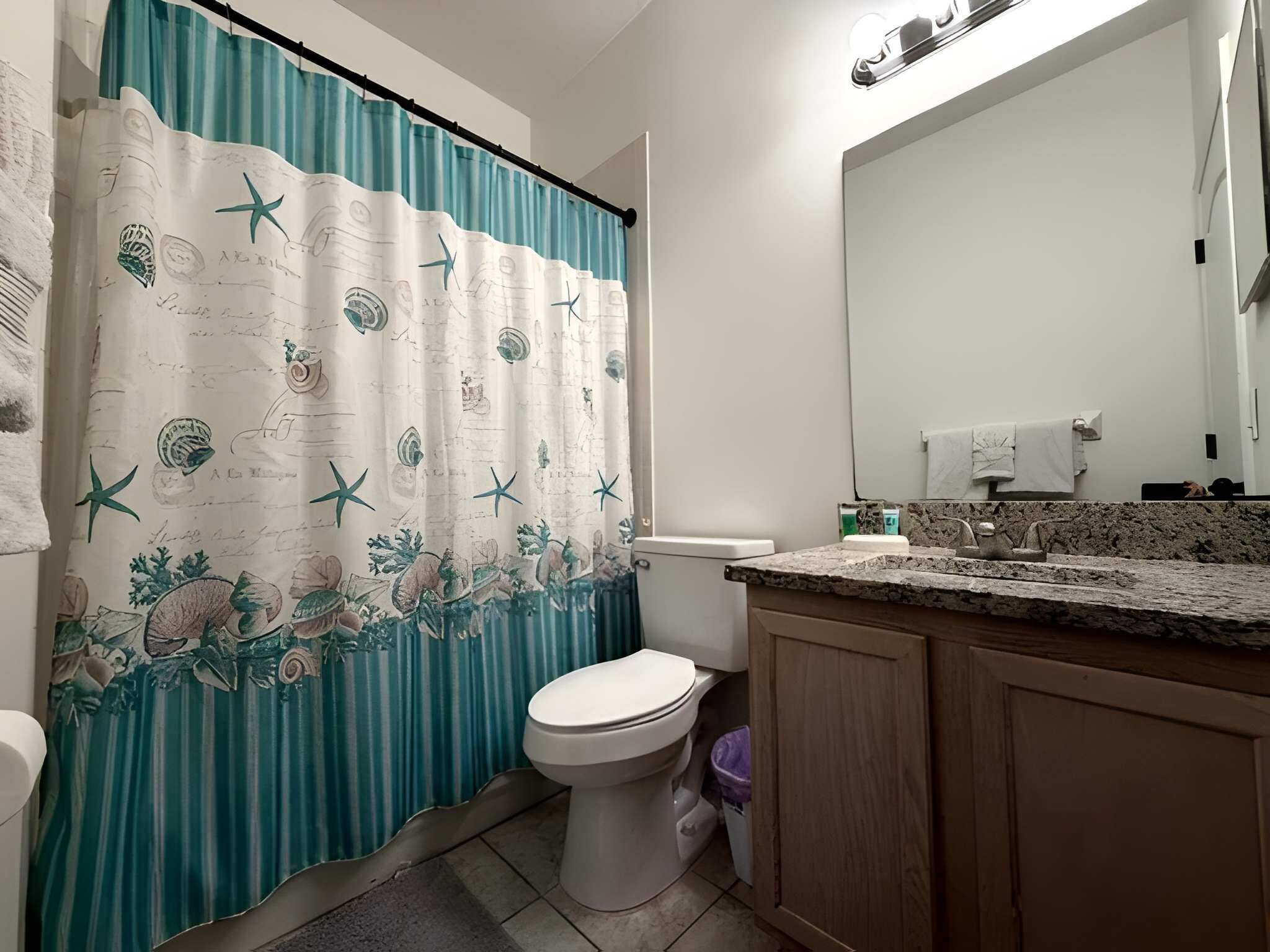 A bathroom with a toilet, a sink, a mirror, and a shower curtain with a nautical theme.
