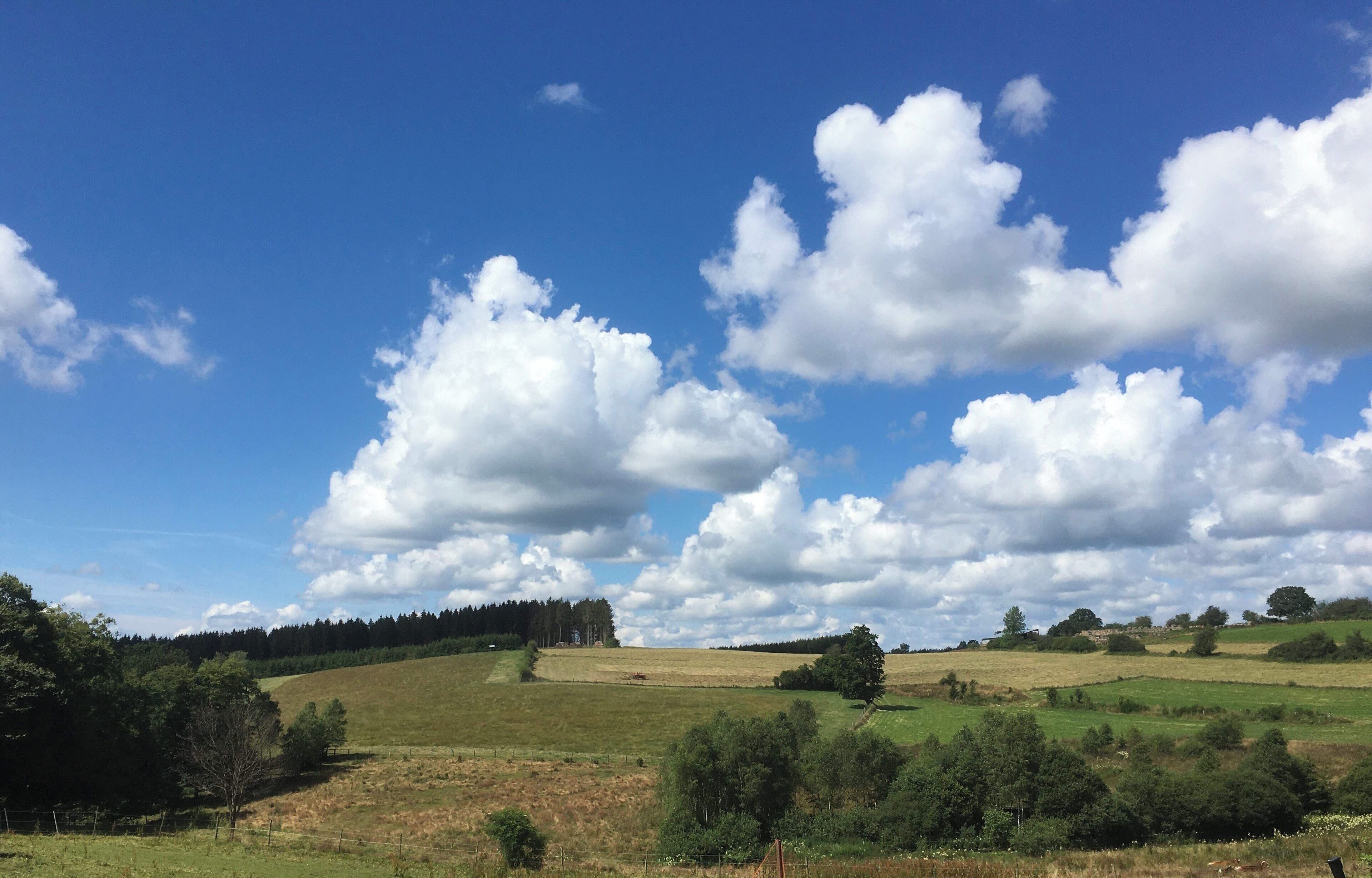 Un paysage rural caractérisé par des collines douces, un ciel dégagé et quelques nuages épars.