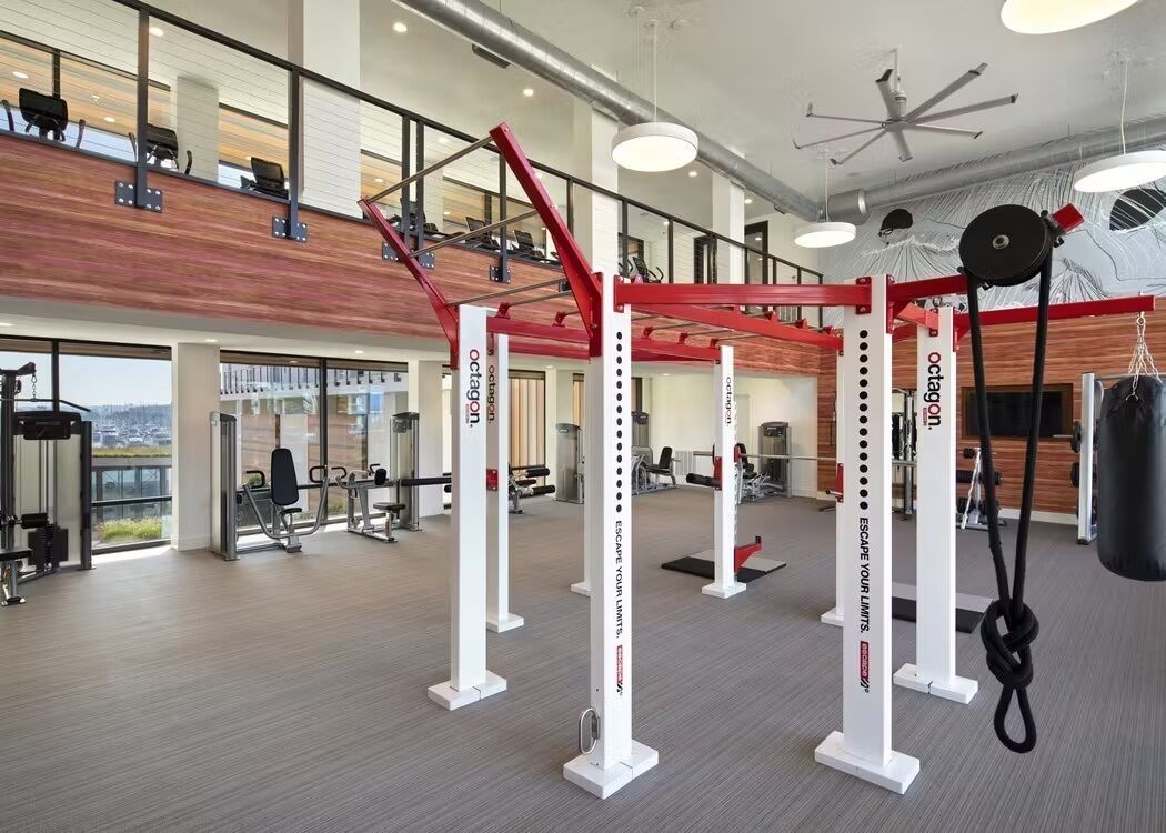 A gym with weightlifting equipment, a punching bag, and a view of the city.