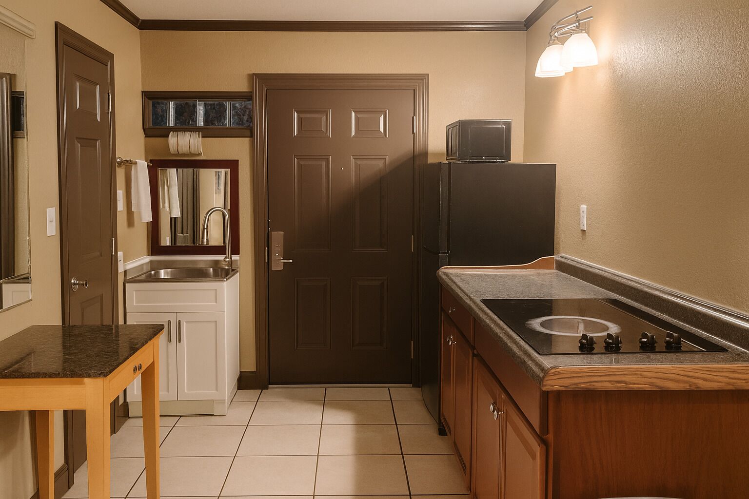 Fridge, oven, stovetop, coffee/tea maker