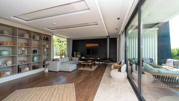 Een 55-inch smart-tv met kabelzenders, een open haard en een kantoor