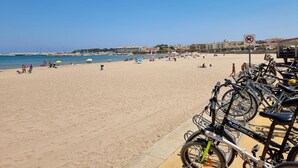 Ein Strand mit abgestellten Fahrrädern, blauem Himmel und einem Schild, das Hunde unerwünscht macht.