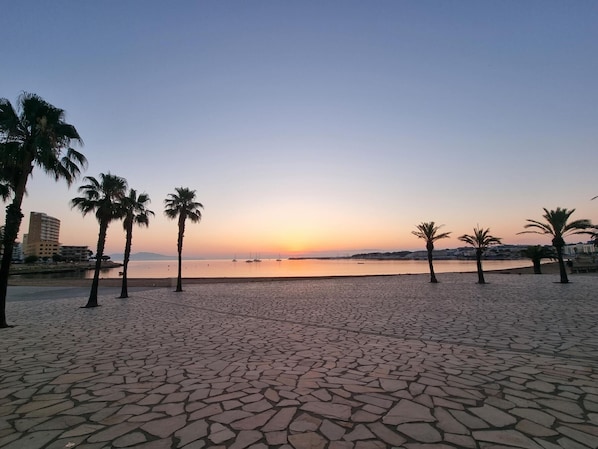 Uma praia com calçada, palmeiras e um pôr do sol sobre a água.