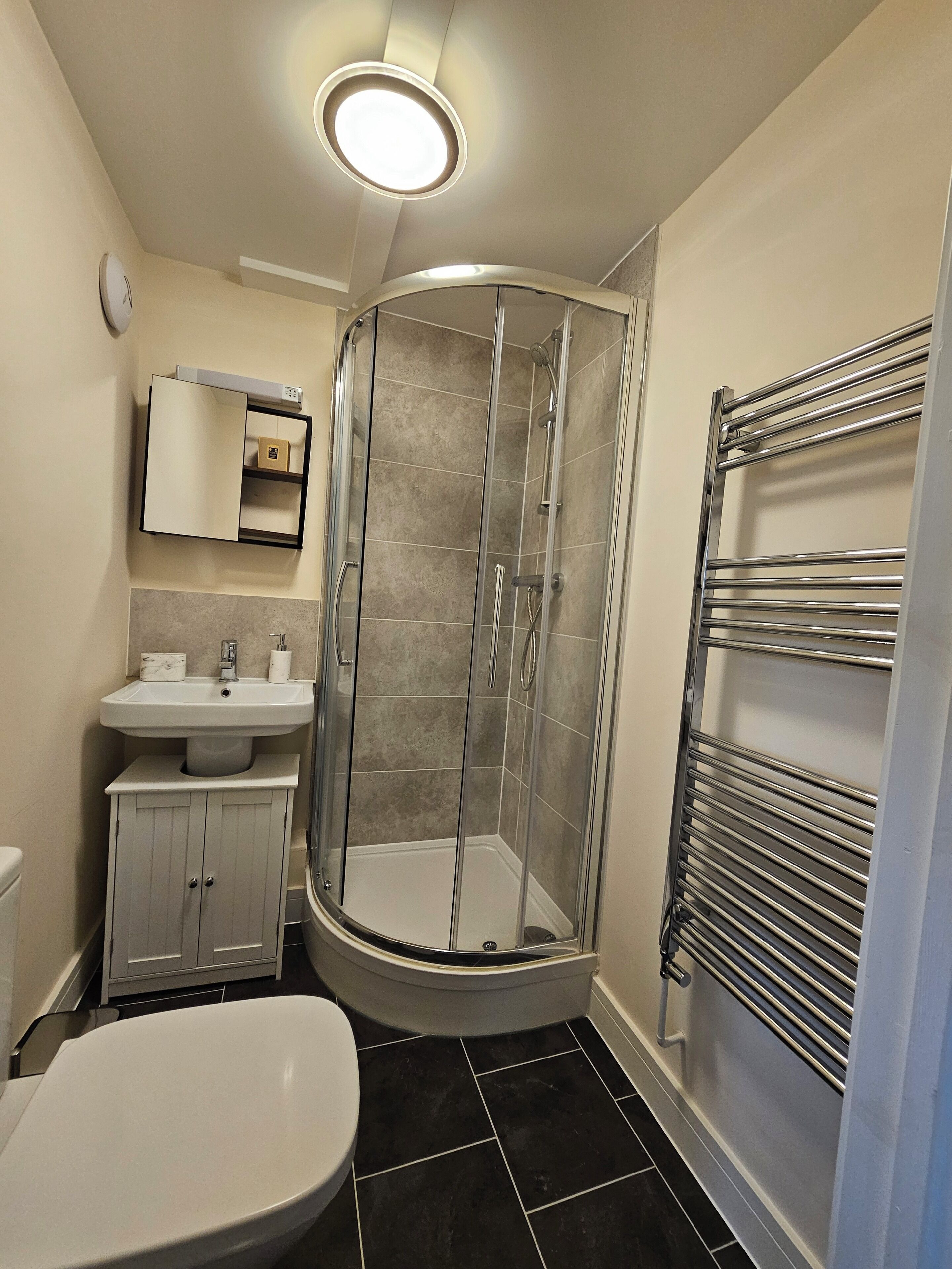 Hair dryer, towels, soap, toilet paper